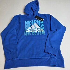 Adidas Hoodie Boys L 14/16 Blue Graphic Logo Pullover Sweatshirt AA7672T NWT